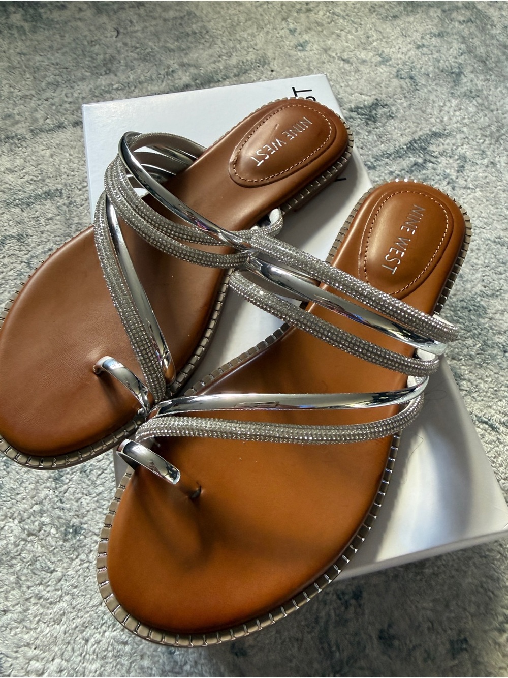 Nine West Silver Metallic Strappy Toe-Loop Sandals